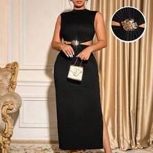 Cravure Plus Size Women Metal Decor Hollow Out Backless Bodycon Dress, Sexy & Chic, Versatile For Daily, Commute, Party & Prom - Azul Marino - Ver 9
