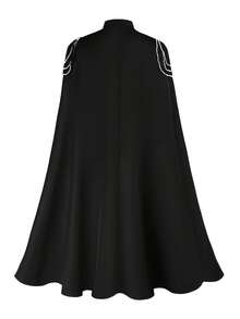 Black Vintage Gothic Cloak, Pearl Chain Decor Stand Collar Open Slit Design, Elegant Mysterious Slimming Outerwear, Suitable For Halloween Masquerade, Gothic Party, Medieval Theme Events, Showcasing Unique Charm And Sophistication - Black - View 6