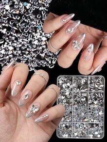 12 Slots Transparent Nail Art Rhinestone Set, Mixed Cut Flat Bottom Rhinestones, 3D Nail Decoration DIY Accessories, Shiny Transparent Nail Rhinestone Set, Luxury Nail Decoration - Multicolor - View 5
