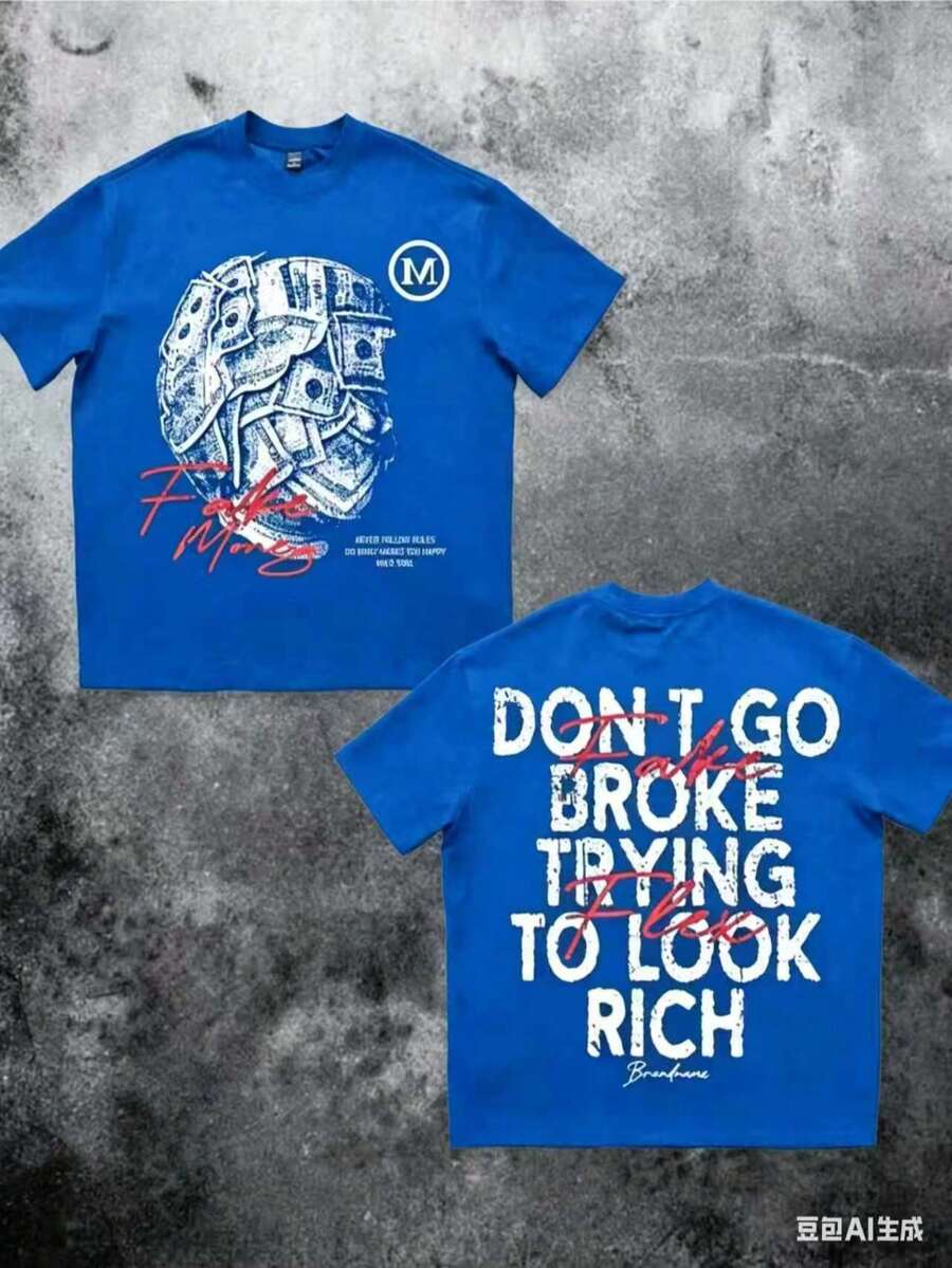 Money Graphic% Cotton Shirt Don'Go Broke Trying To Look Rich Statement Double Sided Streetwear 220gCasual Short-Sleeve-Shirts Men And Women - 藍色 - 查看 1