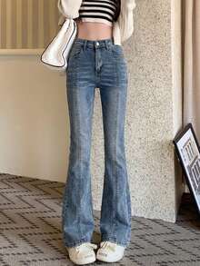 Women's Solid Color Flared Leg Slim Fit Casual Jeans, All Season - Blue - View 9