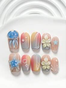 10 peças Conjunto de Arte de Unhas Estilo Oceano Sonhador Feito à Mão, Inclui Unhas de Gel, Decorações de Água-Viva, Estrela-do-Mar e Flor de Cinco Pétalas Esculpidas à Mão, Esmalte de Unhas Azul e Amarelo, Estilo Fresco de Verão, Acompanha Ferramentas de Arte de Unhas (1 peça Autocolante de Gelatina + 1 peça Lima de Unhas). Disponível em 3 Tamanhos: Unhas Quadradas, Unhas Quadradas Curtas, Unhas Amendoa. Adequado para Festas, Uso Diário, Eventos, Fotos, Deslocações Primavera/Verão e Outras Ocasiões. - Multicolorido - Ver 14