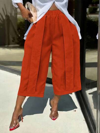 1 pieza Pantalones anchos de unicolor versátiles y de moda para mujer, adecuados para uso diario, primavera/verano