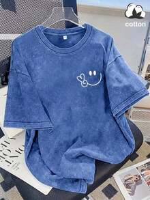 2026 Oversized Vintage Black Cotton Shirt With Face Print, Loose Fit,Vintage Washed Cotton Loose-Fit T-Shirt, Cute  Face And Heart Print - 藍色 - 查看 7