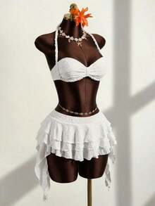 Conjunto de traje de baño de 3 piezas para mujer con top bandeau de unicolor, cuello alto fruncido y bajo fruncido, hecho de tela especial trenzada - Blanco - Ver 6