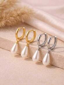 1 Đôi bông tai ngọc trai hình giọt nước bằng thép không gỉ, chống thấm nước, không phai màu, kiểu dáng thời trang dành cho nữ, màu vàng/bạc, thích hợp để đeo hàng ngày. - bông tai - Xem 11
