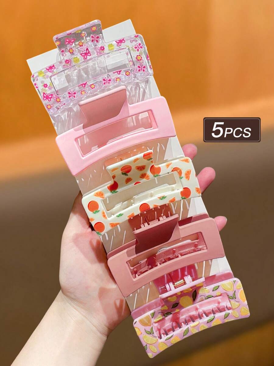 5个/套 女士大号方形水果图案发夹,甜美可爱,休闲优雅,抓力强不易脱落,适合日常通勤和居家佩戴,女士发饰,女士配饰,送她的礼物,旅行,生日礼物 - 彩色 - 查看 1