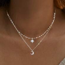 925 Silver Plated Layered Necklace Chain |   Star Moon Collarbone Necklace, Elegant And Sexy, Suitable For Casual Wear Or Gift Giving, Ideal For Daily And Gift-Giving Occasions - 1 - 查看 2