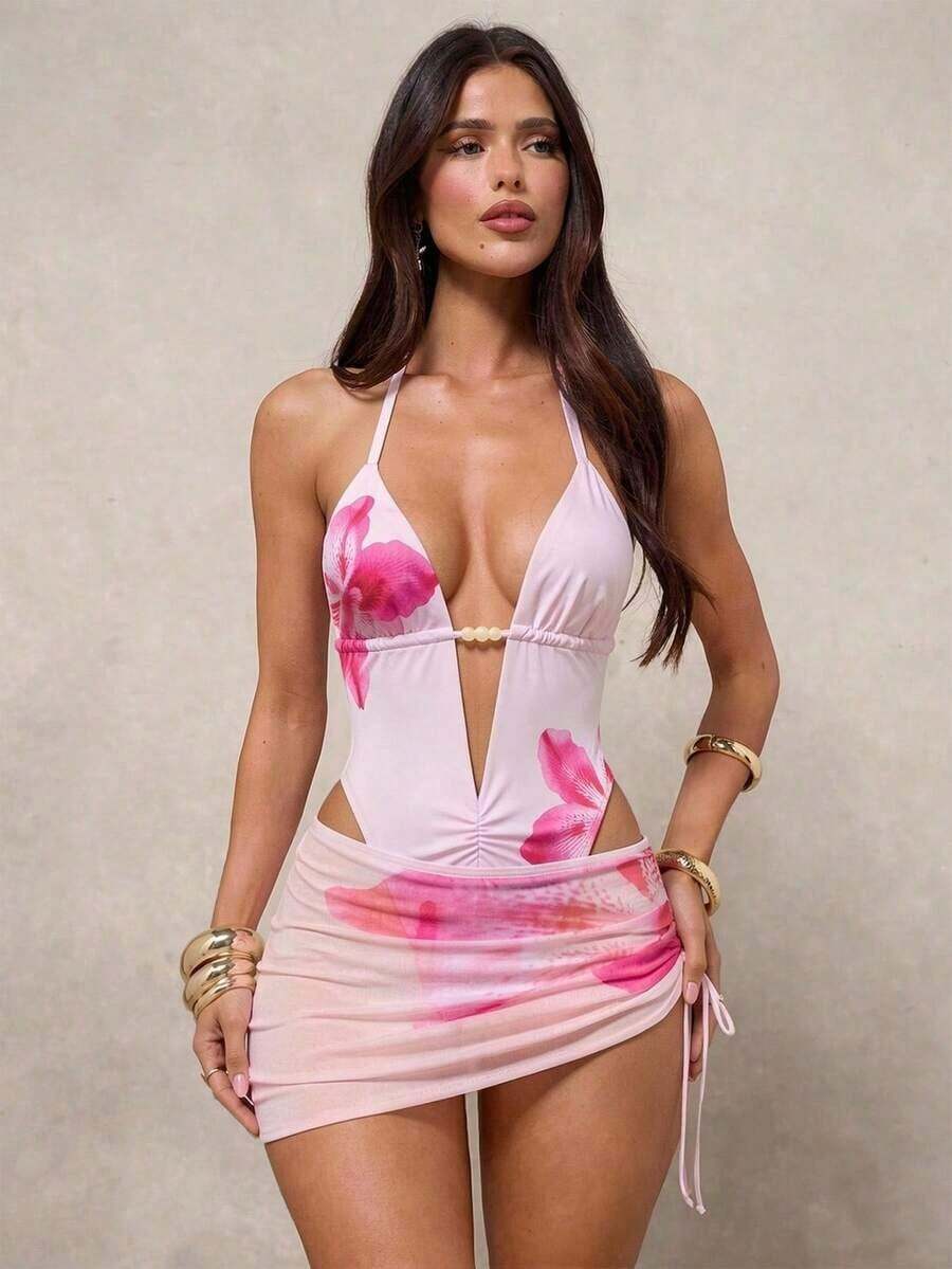 Swim  Bonvoyette New Arrival Women's Elegant Chic Romantic Pastel 3 Piece Pink Bikini Set, Floral Print Halter One-Piece Swimsuit With Sheer Mesh Cover-Up Mini Skirt, Swimwear With Maxi Pink-Purple Lily Print, Deep Plunge V-Neck With Ivory/Cream Pearl Accent, Ruched Waist Detail, Adjustable Halter Straps, Beachwear Perfect For Tropical Summer Beach Vacations, Poolside Glamour Party And Romantic Resort Getaways,Island Vacay&Mod Vibes - Yellow - View 1