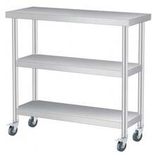 Mesa de trabajo utilitaria de 3 niveles de acero inoxidable – Estación de preparación duradera para exteriores e interiores con estante de almacenamiento – Mesa auxiliar comercial para patio, restaurante, cocina, garaje – Varios tamaños – Con ruedas bloqueables - Mesa de almacenamiento (3 niveles, con ruedas) - Ver 1