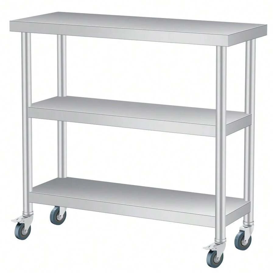 Mesa de trabajo utilitaria de 3 niveles de acero inoxidable – Estación de preparación duradera para exteriores e interiores con estante de almacenamiento – Mesa auxiliar comercial para patio, restaurante, cocina, garaje – Varios tamaños – Con ruedas bloqueables - Mesa de almacenamiento (3 niveles, con ruedas) - Ver 1