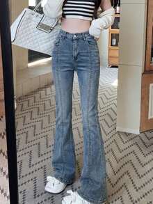 Women's Solid Color Flared Leg Slim Fit Casual Jeans, All Season - Blue - View 5