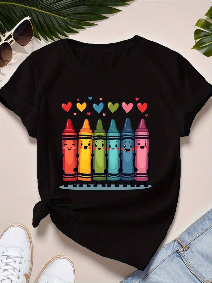 Camiseta de Mujer con Diseño de Corazones Adorables y Recortes de Corazones - Rosa Pastel, Verde, Amarillo, Naranja, Rojo, Púrpura, Marrón - Negro - Ver 1