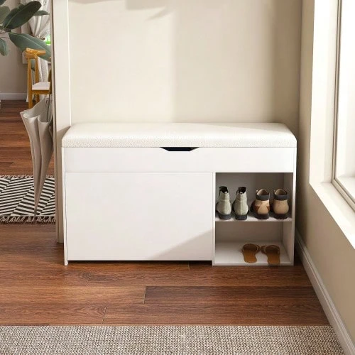 Shoe Bench, Hallway Bench With Fold-Out, Hidden Storage Compartment, Modern, Minimalist Design, Suitable For Entryways And Living Rooms, White, Dimensions: W100/D30/H52cm - White - View 1