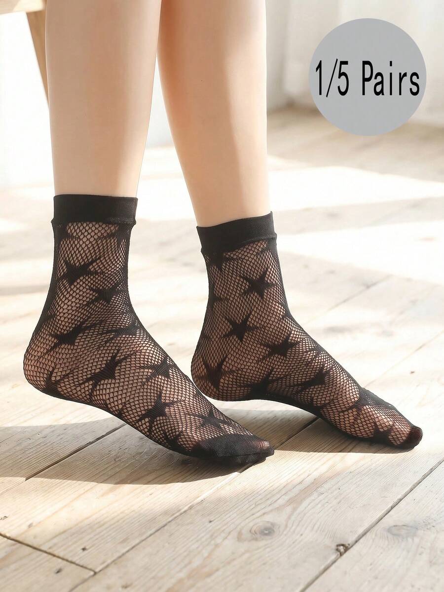 1/5 Pairs Women's Black Fishnet Socks With Star Pattern, Thin Breathable Elastic Ankle Socks - Multicolor - View 1