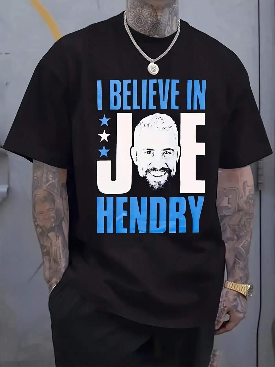 Men's "I Believe In Joe Hendry" Graphic T-Shirt - Black Casual Crew Neck Star T-Shirt, Short Sleeve, Regular Fit For Spring/Summer, Everyday T-Shirt With Bold Graphic - màu đen - Xem 1