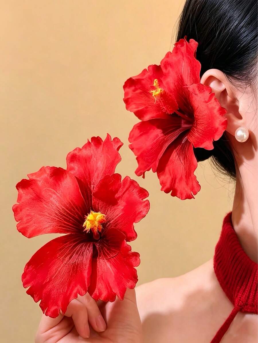 2个女士高端优雅芙蓉花发夹,甜美百搭的海滩度假风发饰,适合日常佩戴 - 紅色 - 查看 1