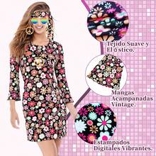 Disfraz Hippie de Los Años 60 y 70, 6 Piezas Conjunto de Hippie para Mujer, Traje Discoteca, con Diadema, Collar, Aretes y Gafas de Sol, Disfraz para Halloween - Floral - Ver 7