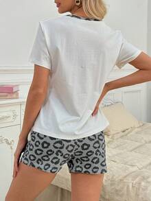 2pcs Women Elegant Summer Short Sleeve Pajamas, Leopard Print Colorblock Round Neck Pullover Loungewear - White - View 2