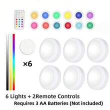 LED Round Light With Remote Control, 13 Color Modes Under Cabinet Wireless, Battery Powered Stick-On Dimmable Push Light For Closet/Shelf/Wall (1/3/6 Pack) - Multicolor - View 12