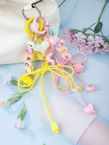 1 pieza Llavero multicolor de cuerda trenzada dulce, con cuentas de letras, decoración de dije iridiscente y campana, broche colorido, lindo accesorio para bolso de mujer - Multicolor - Ver 3
