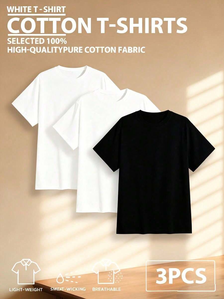 3pcs/Set 100% High-Quality Pure Cotton Men's Round-Neck Short-Sleeved Sports T-Shirt, Made Breathable Soft And Comfortable, Suitable For Fitness, Outdoor And Casual Wear All Year Round - 2 white 1 black - 查看 1