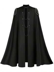 Black Vintage Gothic Cloak, Pearl Chain Decor Stand Collar Open Slit Design, Elegant Mysterious Slimming Outerwear, Suitable For Halloween Masquerade, Gothic Party, Medieval Theme Events, Showcasing Unique Charm And Sophistication - Black - View 5