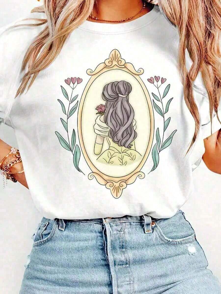Camiseta informal de manga corta con cuello redondo y estampado floral, talla grande. Diseño con efecto de impresión simulado. - Blanco - Ver 1