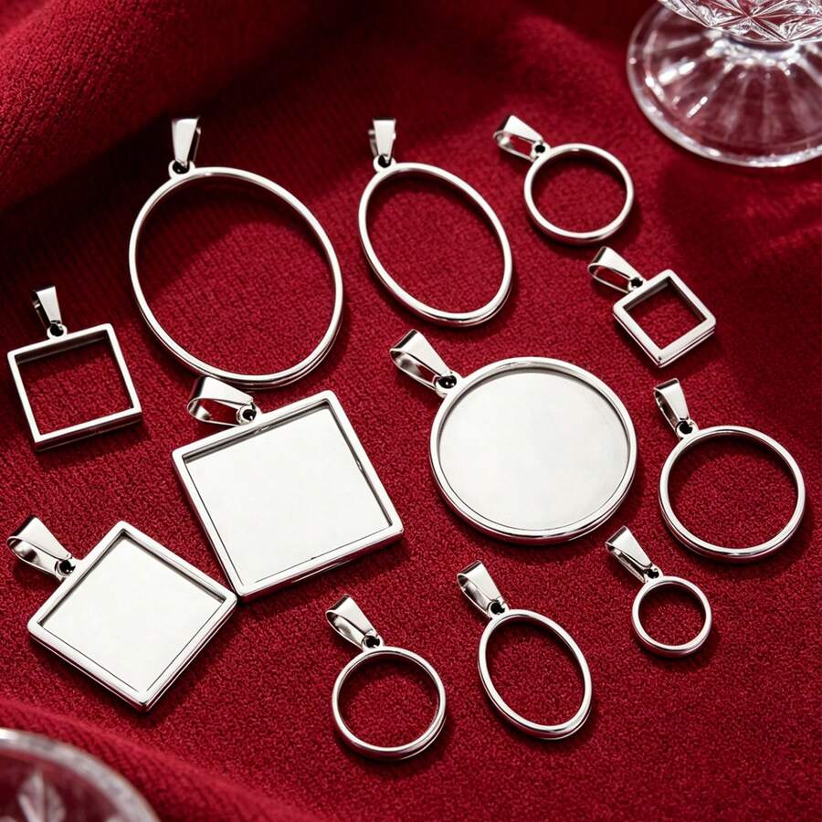 Bộ 5 Mặt Dây Thép Không Gỉ 304 Đĩa Có Khóa Dưa Tròn Vuông Hình Bầu Dục Đĩa DIY Phổ Biến Phụ Kiện Trang Sức Mặt Vòng Cổ Bông Tai - người giữ mặt dây chuyền - Xem 1