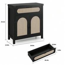 Rattan Sideboard Buffet Cabinets With Storage, Buffet With Drawer, Adjustable Shelves, - Black - View 2