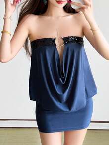 Đầm mini ôm sát trễ vai YeonC Gorgeous dành cho nữ, thiết kế không tay và hở lưng, được làm từ chất liệu vải dệt kim co giãn cao cấp, mang đến vẻ ngoài thanh lịch và gợi cảm. - Màu xanh lam - Xem 5