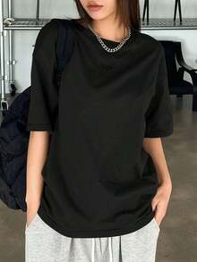 Short-Sleeved T-Shirt With Dropped Shoulders And Embroidered Lettering, Breathable And Comfortable. - Black - View 6