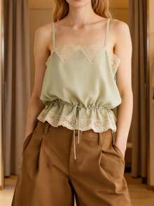 Women's Embroidered Lace Spliced Satin Camisole, Sleeveless With Thin Shoulder Straps, Backless, Fashionable, Sexy, Versatile - màu xanh lá cây nhạt - Xem 4
