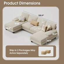 Sofás Seccionales Furmax para Sala de Estar, Sofá en Forma de U con Tela de Lino, Conjunto de Sofá de 4 Plazas con Doble Chaise Longue para Apartamento (Tela, Gris) - Beis - Ver 3