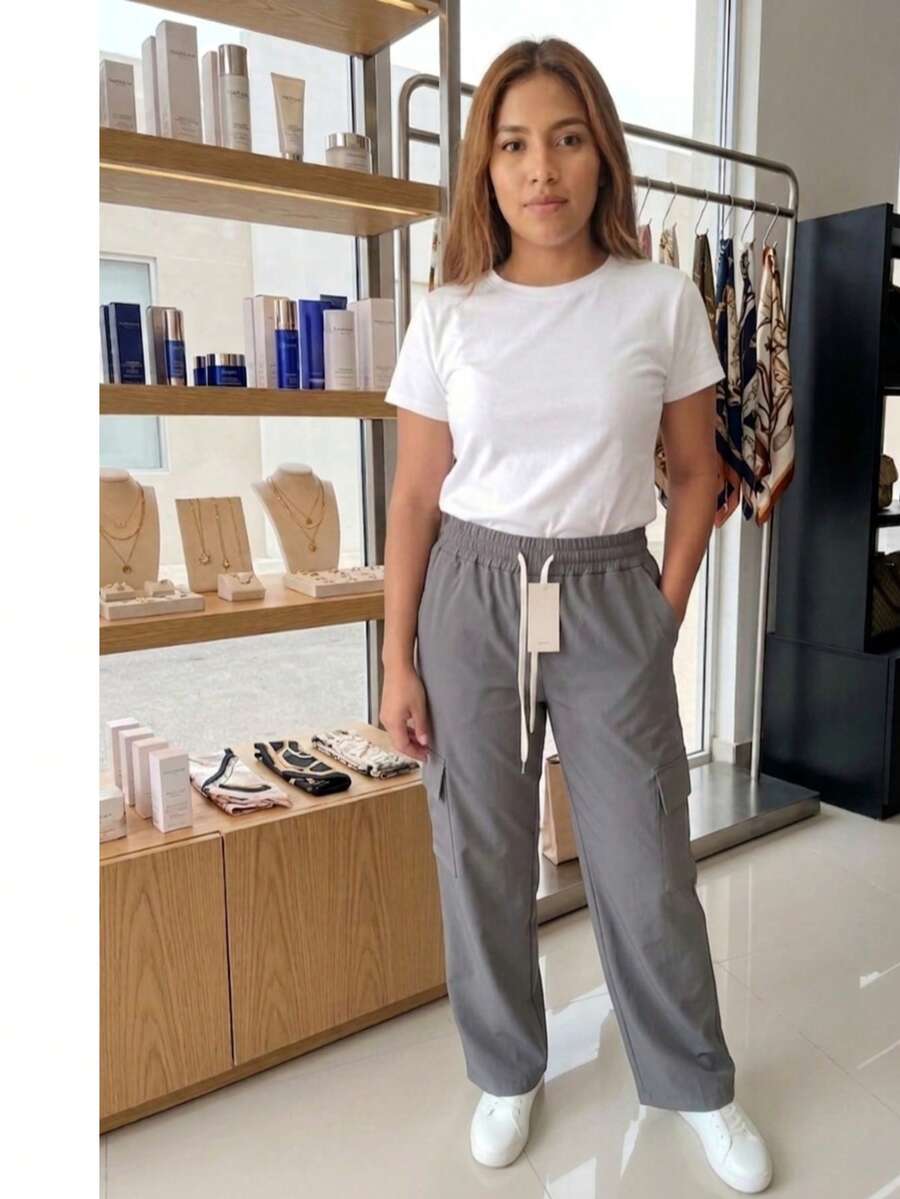 Pantalon Cargo De Cintura Elastica con Cordon- Estilo Minimalista Casual   Casual    Material Compuesto    Cordón    Pantalon dama   Todo el año - Gris - Ver 1