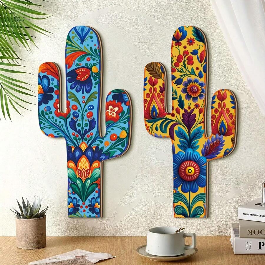 1 Set Of 2D Mexican Style Wooden Wall Murals, Painted Cactus Style, Floral And Green Leaf Patterns, Bohemian Style Farmhouse Living Room Bedroom Wall Decoration, Dining Room Kitchen Decoration, Entrance Porch Foyer Decoration, Home Decoration (DIY Paste) - 1set - View 1