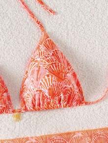 Swim Mod Conjunto de 3 piezas, traje de baño sexy para mujer con sujetador triangular halter con textura floral y decoración dorada, braguitas de bikini con lazos laterales y falda pareo.Conjunto de bikini de 3 piezas con top de encaje, pareo de encaje y cobertura de playa.Conjunto de bikini con top de cuentas, concha y cobertura para vacaciones y festivales. - Multicolor 4 - Ver 5