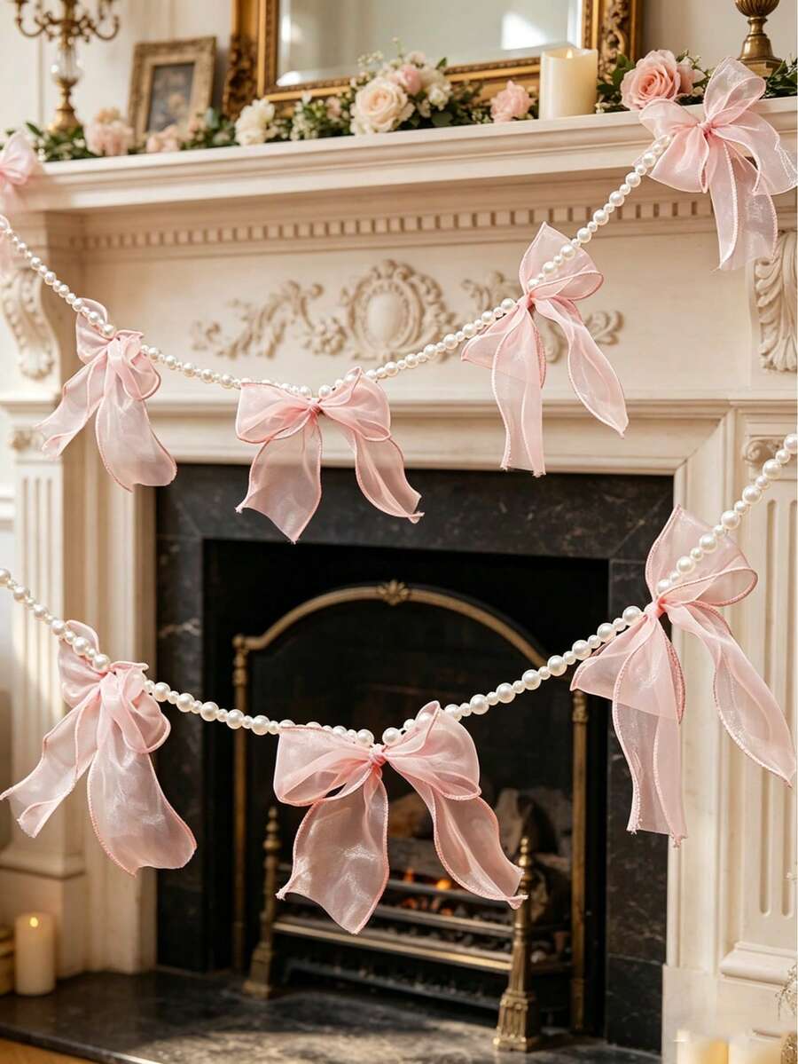 1pc/2pcs Faux Pearl Beaded Ribbon Bow Wreath, Elegant Hanging Decor, Handmade Beaded Garland, Suitable For Home, Wedding, Valentine's Day, Party, Holiday Decoration, Warm Gift For Mom