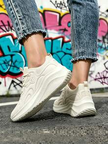 Beige Knit Sneakers For Women, Platform Shoes With Decorative Laces - Beige - View 6