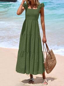 Women's Summer Square Collar Long Dress With Sleeve Cap Hole Eye Ruffles Layered A-Line Casual Vacation Long Skirt With Pockets - 軍綠色 - 查看 5