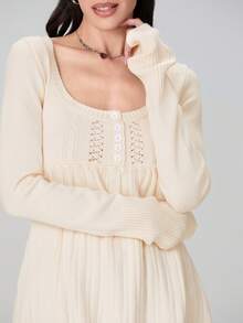 Blusa tipo túnica con cuello cuadrado y botones de manga larga de color liso para mujer, otoño - Blanco - Ver 7