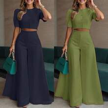 Marineblaues Puffärmel Crop Top & High Waist Weite Hose Set, elegantes 2-teiliges Outfit für Business & Alltag, atmungsaktiv - Dunkelblau - Übersicht 2