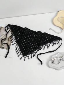 1件女款珍珠流蘇針織鏤空蕾絲髮帶，波希米亞風適合日常穿著夏季髮飾女用頭巾 - 黑色 - 查看 7