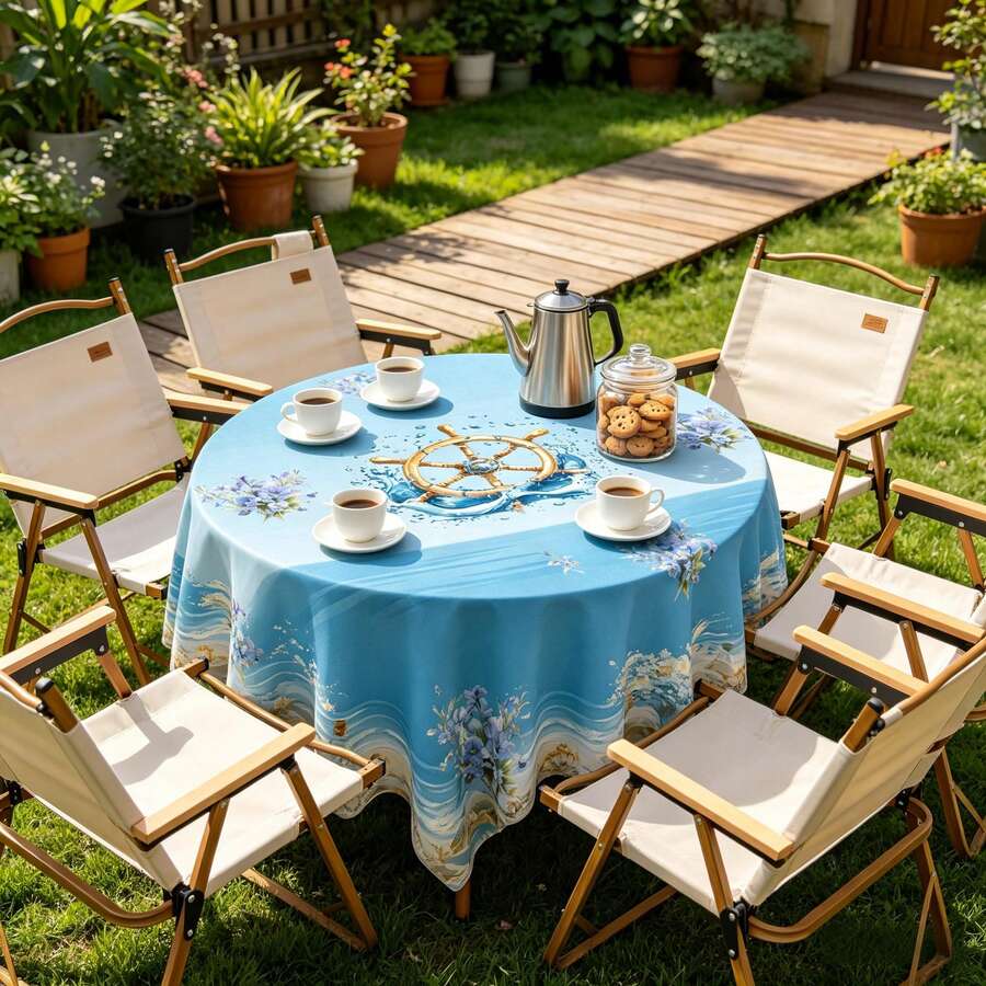2D Flat, 1PC Polyester Material, Rectangular + Round Version, Fresh Ocean Style Rudder Blue Flower Printed Tablecloth, Suitable For Indoor And Outdoor Use, Suitable For Home Dining Tables, Living Room Coffee Tables, B&B Soft Furnishings, And Also Suitable For Outdoor Picnics And Terrace Layouts. It Is Stain-Resistant And Easy To Care For, Creating A Refreshing And Healing Vacation Atmosphere. Available In Multiple Sizes - Multicolor - View 1