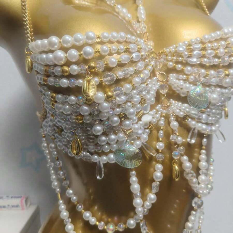 European And American Style Handmade Beaded Tassel Chest Chain Camisole Top, Women's Sexy Body Wear For Beach Parties - 白色 - 查看 1