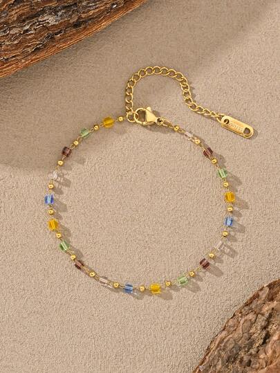 MONALLY Pulsera de acero inoxidable chapada en oro de 18K con cuentas de cristal cúbicas de colores del arcoíris en estilo bohemio, ajustable, hipoalergénica y resistente a la decoloración, joyería apilable para mujer, regalo romántico para aniversario, San Valentín, ocasiones diarias, todas las estaciones