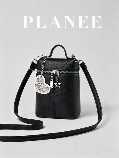 [PLANEE] Túi đeo chéo mini thời trang có khóa kéo, túi xách mặt dây chuyền hình ngôi sao và trái tim dễ thương, túi đựng điện thoại nhẹ nhàng, tiện dụng.
