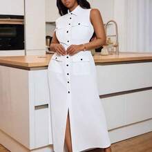 Spring/Summer New Arrival Music Festival, Easter, St. Patrick's Day, Western, Nomadic Style, Birthday Party, Graduation, Student, Daily Casual, Basic Versatile, Leisure, Vacation, Cruise Travel, Beach, Sunbathing, Viral Plus Size Loose White Sleeveless A-Line Pocket Maxi Dress, Summer Dresses - Blanco - Ver 8