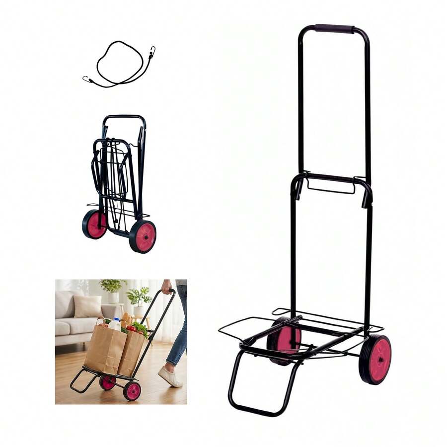 Carretilla Plegable de Mano Portátil con Cuerda, Carro de Mano Compacto, Portátil con Ruedas de Goma Soporta hasta 25kg/35kg para un Fácil Transporte en Viajes, Oficina y Hogar - Ver 1