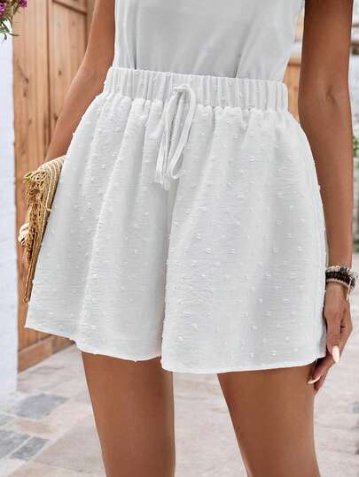 Pantalones cortos tipo falda para mujer, color blanco, con textura de puntos y cintura elástica Shorts blancos de verano para mujer, con textura de puntos y cintura con cordón, ideales para looks frescos